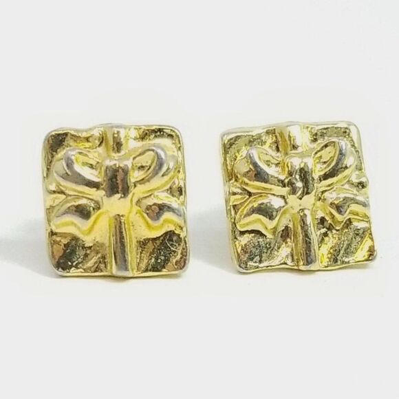 Vintage Little Present Shaped Bow with Bows Stud Earrings,  Small Gold Tone - Picture 1 of 5